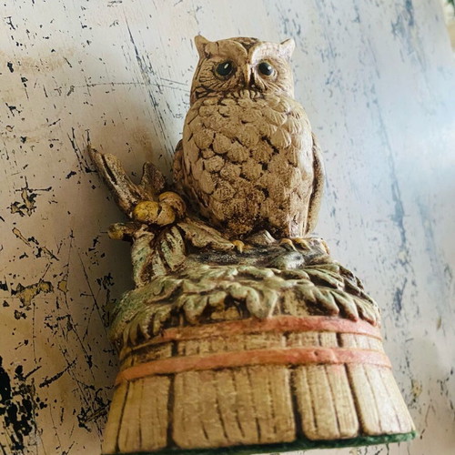 Handmade ceramic decorative owls and tree branch with squirrel and bird new