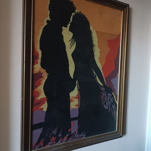 Vintage handmade embroidered painting with frame like new