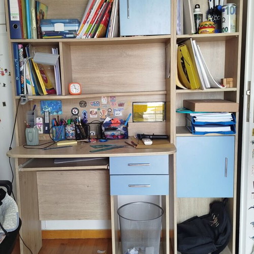 Children's bedroom set with single bed, mattress, desk, and 3 bookshelves