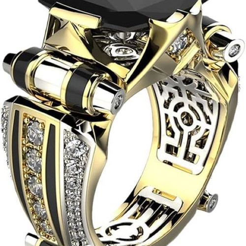 Men's vintage ring with rectangular black zircon new, gold and silver