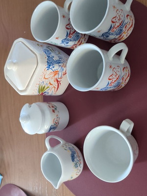 Stathopoulos collectible coffee set used with cups, sugar bowl, and creamer