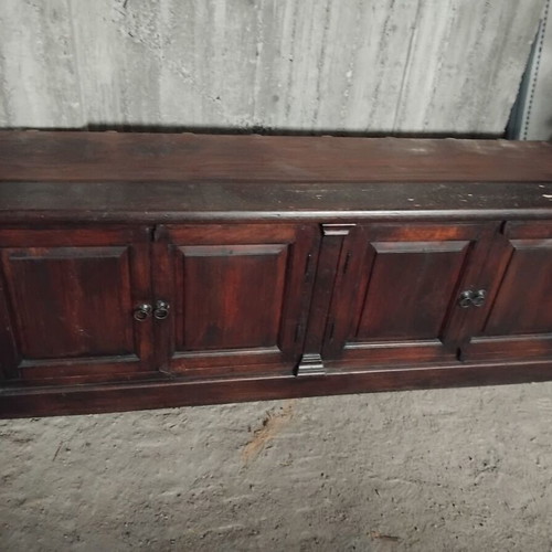 Two-piece walnut wood furniture unit with glass shelves