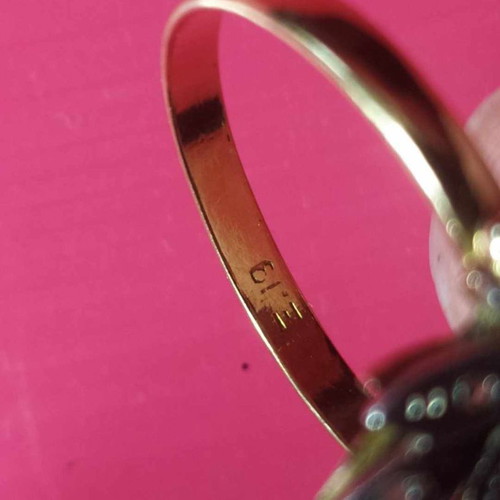 Antique ring yellow gold 18K with pure silver, ruby, used