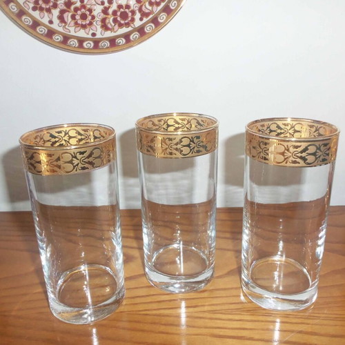 Water glasses used, set of 3, hand-blown glass with gold rim 6x14 cm