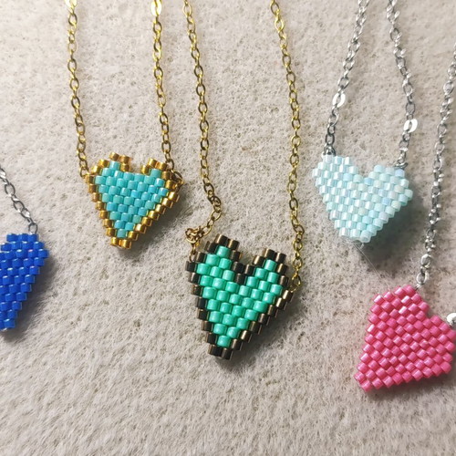 Set of 5 handmade heart necklaces with Miyuki beads, stainless steel chains