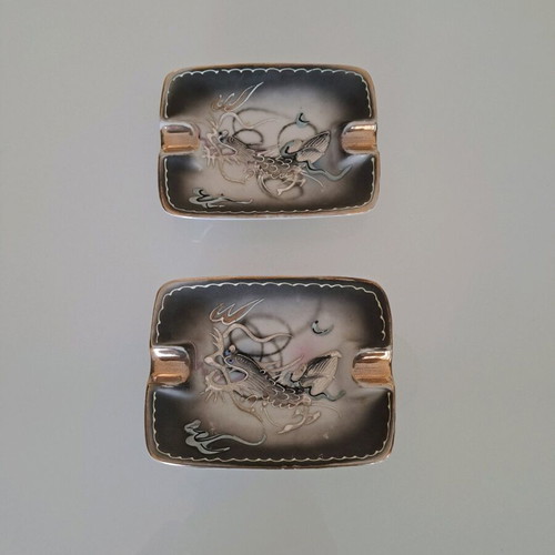 Vintage mid century dragon porcelain ashtray used, hand painted