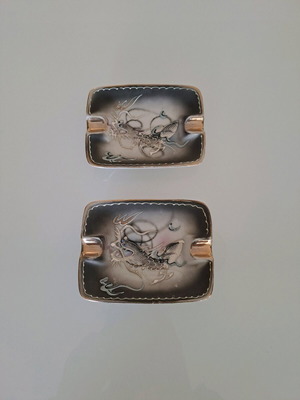 Vintage mid century dragon porcelain ashtray used, hand painted