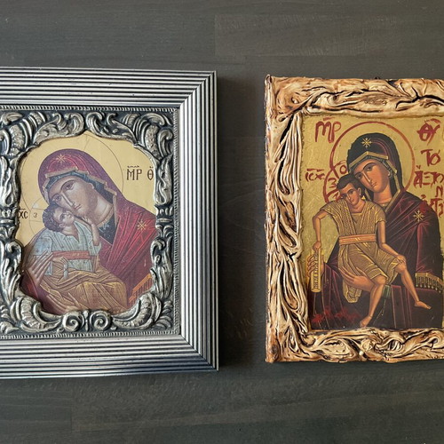 Orthodox icons of Virgin Mary with Child framed, used, set of two
