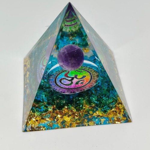 Orgonite pyramid with amethyst and Om symbol like new