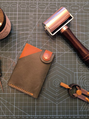 Handmade leather EDC wallet and card holder, brown and green