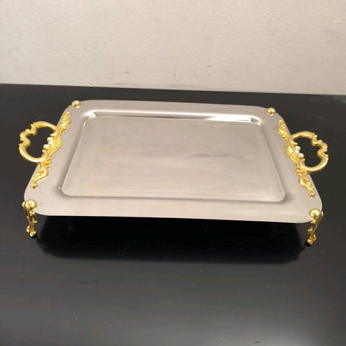 Inox serving tray from Iran like new with bronze handles and feet