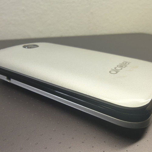 Alcatel mobile phone, silver, memory card slot