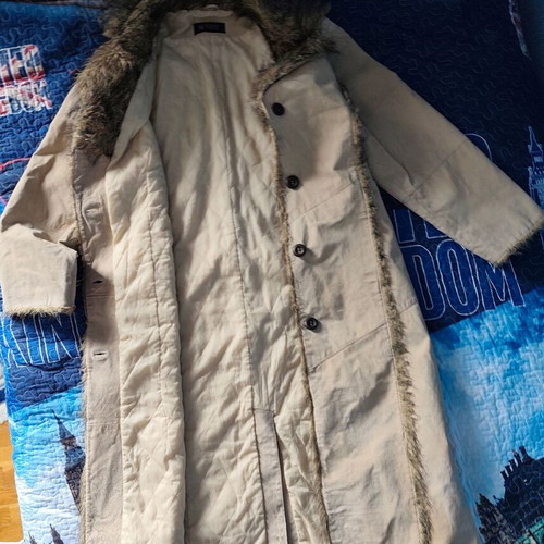 Castor coat like new with fur details, beige, sizes L and XL