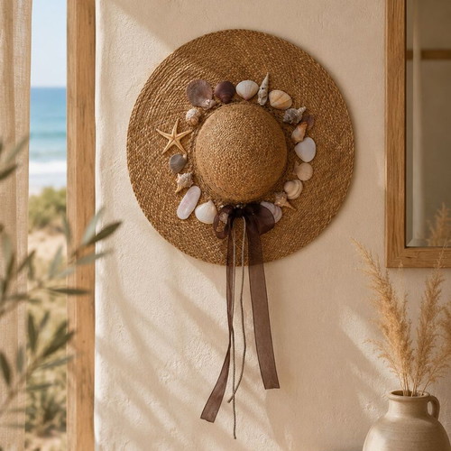 Handmade straw hat with seashells