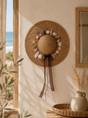 Handmade straw hat with seashells