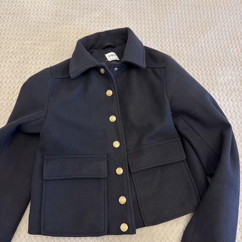 Zara women's coat with gold buttons, blue