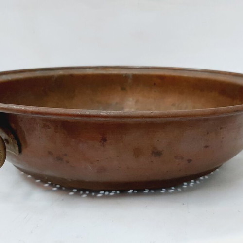 Vintage copper colander with brass ring handle, used, 30.5 cm