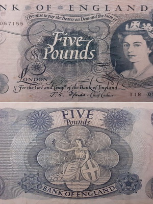 England 5 Pounds 1970 banknote used