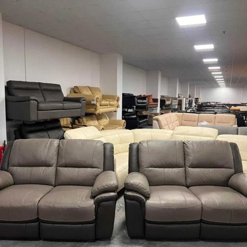 Two-tone gray leather Pluto sofas new with manual reclining mechanism set of two
