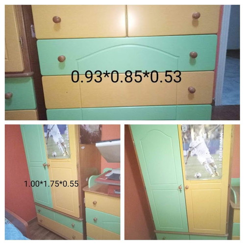 Children's and Teen Bedroom Set used with two beds, nightstand, wardrobe, drawers, desk-bookshelf
