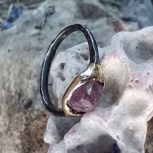 Silver handmade ring with large sapphire, 22k gold plated, like new