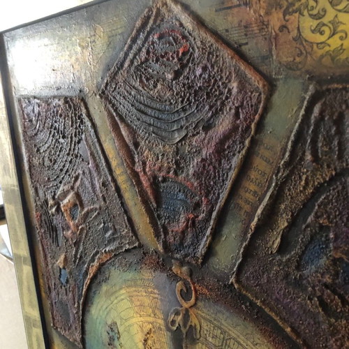 Painting Ekremes used, oil, sand, collage 57x138cm