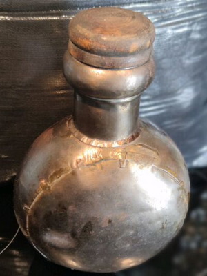Metal decorative flask antique, like new with wooden stopper