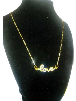 Handmade necklace with steel 'love' element and zircon, gold color
