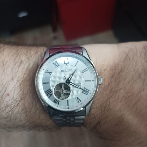Bulova Wilton 96A207 men's automatic watch, silver open heart dial