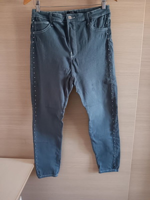 Bershka women's jeans used, blue with white seams and rhinestones