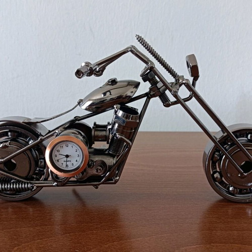 Handmade metal chopper motorcycle with new tabletop clock
