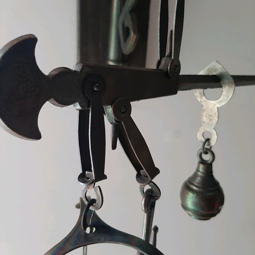 Vintage metal balance scale new with wooden wall mount