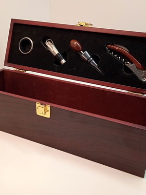 Wooden wine bottle box used with accessories