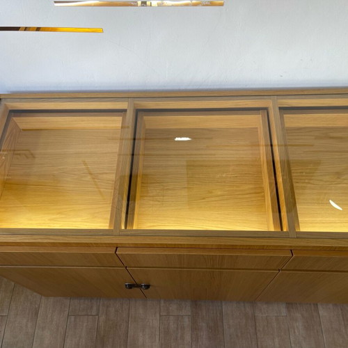 Display Cabinets like new, walnut, LED lighting, soft close, set of 2