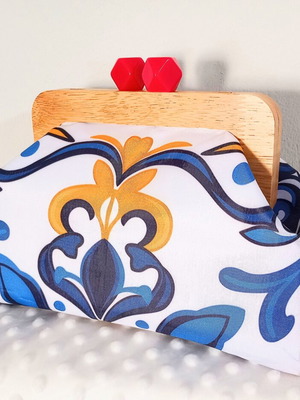 Handmade clutch bag with pink buttons, wooden handle and velvet lining, new
