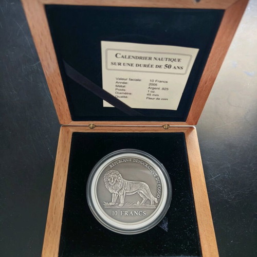 Coin 10 Francs Congo 2005 Silver 925 new with wooden box