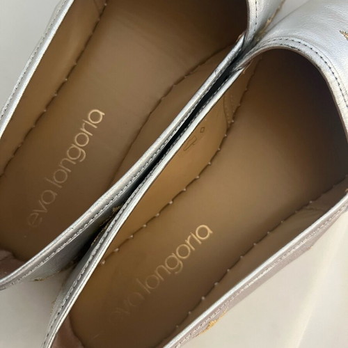 Eva Longoria leather espadrilles size 37 silver with gold embroidery, like new