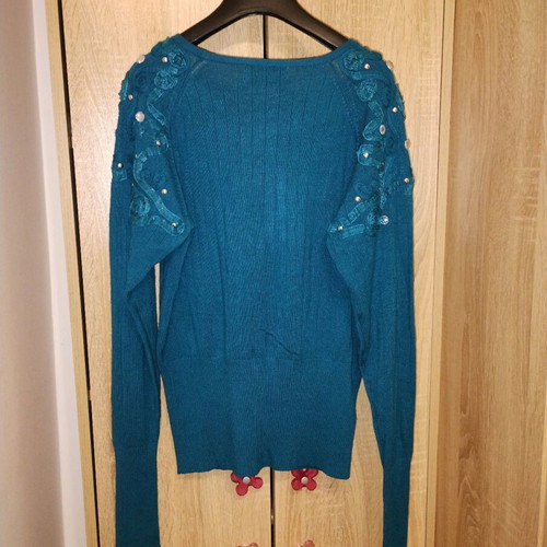 Turquoise cardigan with ribbon and crystals vintage style like new