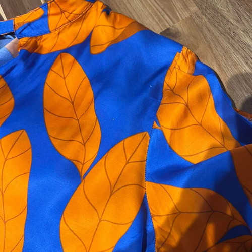 Statement satin tunic shirt dress like new, blue and orange leaf print