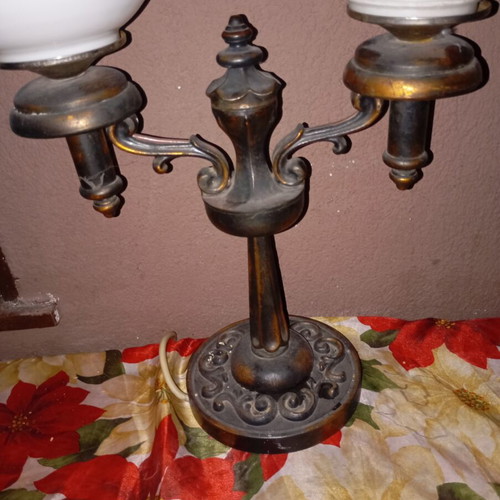 Vintage brass table lamp with two globe shades used, authentic handmade
