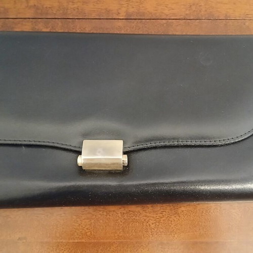 Envelope bag black genuine leather 14x28 cm used with plastic paint stain