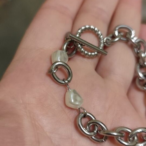 Chain bracelet silver stainless steel with two pearls like new