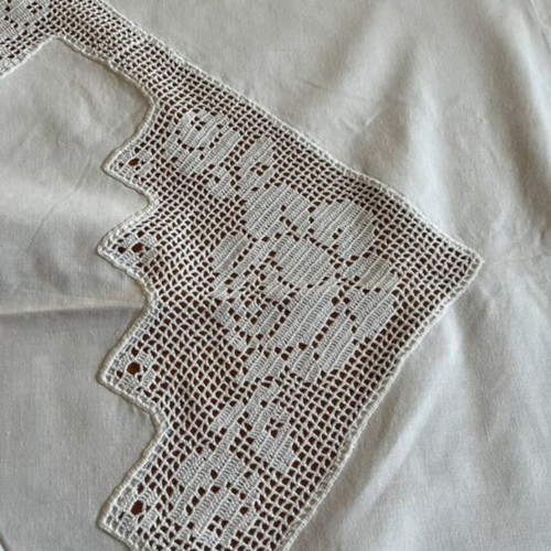 Linen tablecloth handmade with lace and openwork like new