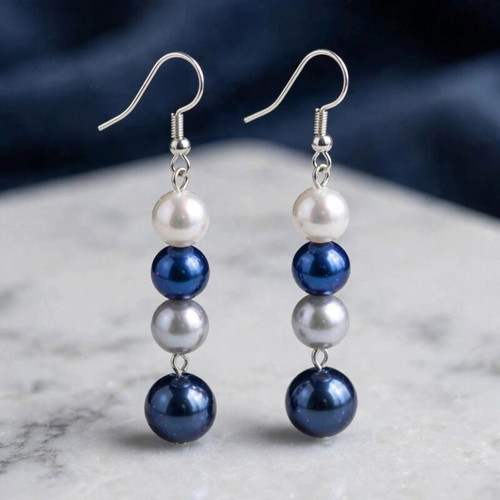 Handmade blue white beaded necklace, earrings and bracelet