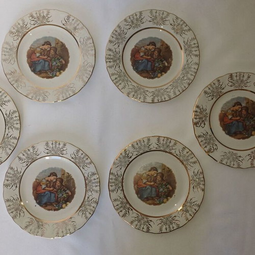 Keramikos set of 6 small plates used, porcelain with romantic design