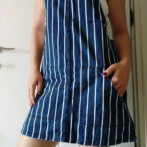 Striped denim salopette dress Stradivarius like new, white and blue size L