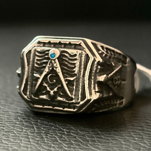 Masonic Square & Compasses Ring new, blue stone, 316L steel, US 15