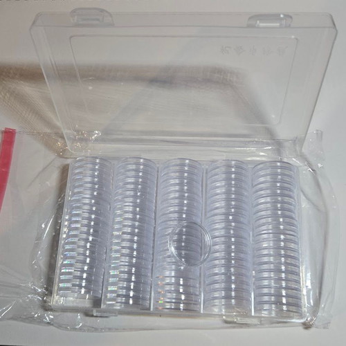 Plastic coin capsules 27 mm new, pack of 100 with storage box