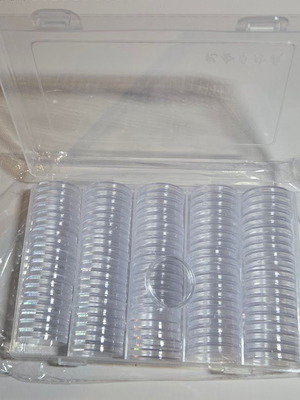 Plastic coin capsules 27 mm new, pack of 100 with storage box