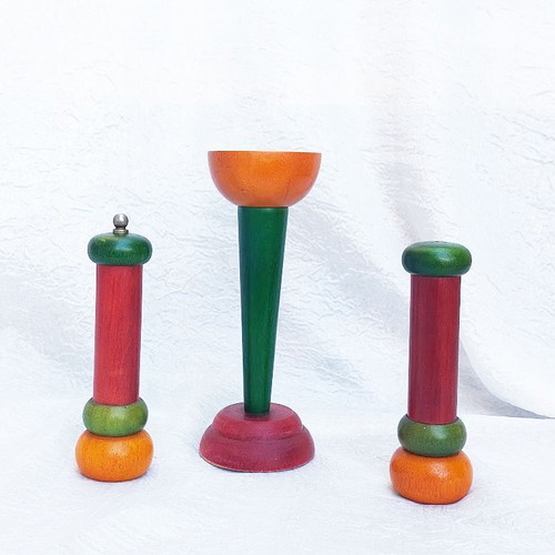 Set of 3 wooden salt shaker, pepper mill and candle holder